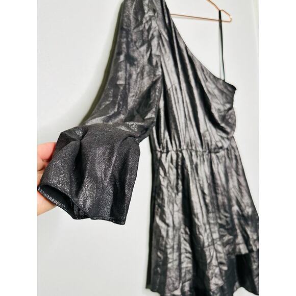 DEREK LAM Silver Metallic One Shoulder Pleated Black Mini Dress Size EU 44 - Picture 11 of 12